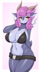  2023 absa anthro belt big_breasts black_bikini_top bottomless bovid breasts caprine chest_tuft clothed clothing eyelashes female goat hair hi_res horn looking_at_viewer mammal navel partially_clothed purple_hair rivals_of_aether short_hair simple_background solo strategically_covered tailzkim tuft yellow_eyes 