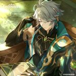  1boy alhaitham_(genshin_impact) aqua_hair bangs book cape chair chest_jewel closed_eyes detached_sleeves english_commentary genshin_impact gloves grey_hair hair_between_eyes highres logo male_focus multicolored_hair official_art parted_lips partially_fingerless_gloves rug shoulder_cape sitting sleeping sleeping_upright solo sparkle upper_body vision_(genshin_impact) 