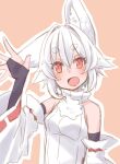  1girl :d animal_ear_fluff animal_ears bangs bare_shoulders breasts highres inubashiri_momiji kuro-ekaki looking_at_viewer open_mouth outline pink_background red_eyes ribbon-trimmed_sleeves ribbon_trim shirt small_breasts smile solo tail touhou upper_body white_hair white_outline white_shirt white_sleeves wolf_ears wolf_girl wolf_tail 