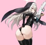  1girl anus anus_peek ass black_leotard black_thighhighs blue_archive breasts closed_mouth elbow_gloves from_behind gloves grey_hair gun halo highres holding holding_gun holding_weapon justina_follower_(blue_archive) kuza_brs large_breasts latex latex_leotard leaning_forward leotard long_hair looking_at_viewer looking_back nun partially_visible_vulva pink_background purple_eyes sakurako_(blue_archive) simple_background solo thighhighs very_long_hair weapon 