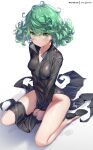  1girl bangs black_dress blush breasts collared_dress curly_hair dress green_eyes green_hair hong_(white_spider) long_sleeves looking_at_viewer one-punch_man short_hair side_slit sitting small_breasts solo tatsumaki thighs wariza wet wet_clothes 