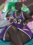  absurd_res anthro basketball_jersey black_body black_fur breasts cellphone cellulite cleavage clothed clothing colored_nails crossed_legs curvy_figure eyeshadow female fur ghetto green_hair hair hi_res huge_hips huge_thighs lips makeup mammal medium_breasts nails pear-shaped_figure phone pyredaemos rodent sciurid solo squigga thick_bottom_lip thick_calves thick_thighs tree_squirrel wavy_hair wide_hips 