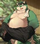  2023 absurd_res anthro belly big_belly black_nose canid canine canis clothing domestic_dog hi_res kemono male mammal moobs nipples overweight overweight_male silentyed solo tamacolle towel towel_around_neck underwear undressing 