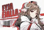  1girl animal_ears arknights barcode brown_hair cape character_name closed_mouth ear_protection eyjafjalla_(arknights) frilled_shirt_collar frills horns jacknavy long_hair looking_at_viewer purple_eyes sheep_ears sheep_girl sheep_horns smile solo upper_body white_cape 