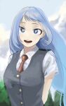  1girl absurdres arms_behind_back blue_eyes blue_hair boku_no_hero_academia cloud collared_shirt day fengling_(furin-jp) grey_vest hadou_nejire highres long_hair looking_at_viewer necktie open_mouth outdoors red_necktie school_uniform shirt solo u.a._school_uniform upper_body very_long_hair vest white_shirt 