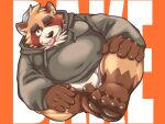  2023 anthro belly big_belly blush brown_body canid canine clothing feet hi_res hoodie humanoid_hands kemono male mammal one_eye_closed overweight overweight_male raccoon_dog rocurou69 sitting solo tanuki tongue tongue_out topwear underwear wink 