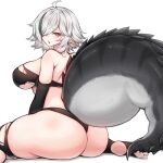  1girl absurdres aged_up arknights ass bikini black_bikini black_thighhighs breasts crocodilian_tail from_behind grey_hair hair_over_one_eye highres large_breasts large_tail looking_at_viewer looking_back multicolored_hair open_mouth pointy_ears rikuguma short_hair simple_background sitting skindentation solo stirrup_legwear streaked_hair swimsuit tail thighhighs toeless_legwear tomimi_(arknights) torn_bikini two-tone_hair wariza white_background 