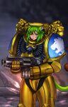  animal_humanoid armor bangs baylee big_gun bolter brown_eartips cat_humanoid cat_tail cloud detailed_background domestic_cat eliana-asato felid felid_humanoid feline feline_humanoid felinid felis female fur gold_(metal) gold_armor green_body green_eyes green_fur green_hair gun hair hi_res holding_gun holding_object holding_weapon humanoid humanoid_face looking_at_viewer machine mammal mammal_humanoid outside power_armor ranged_weapon serious_face sky solo space_marine standing tail tan_body tan_fur warhammer_(franchise) weapon 