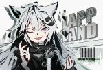  1girl ;d ahoge animal_ears arknights barcode black_coat black_nails character_name coat floating_rock grey_eyes grey_hair jacknavy lappland_(arknights) long_hair long_sleeves looking_at_viewer messy_hair nail_polish one_eye_closed open_mouth scar scar_across_eye scar_on_face smile solo upper_body wolf_ears 