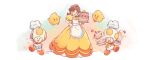  1girl 2boys apron blue_eyes bowl cake chef_hat commentary dress english_commentary food gloves hand_on_hip hat highres holding holding_bowl holding_cake holding_food holding_whisk long_hair looking_at_viewer luma_(mario) mario_(series) multiple_boys open_mouth princess_daisy saiwoproject simple_background toad_(mario) whisk white_gloves yellow_dress 