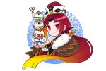 1girl animal ayakoto_aroeriina benienma_(fate) bird bird_girl blush fate/grand_order fate_(series) fingernails gradient_hair hand_fan hat highres holding holding_animal holding_bird holding_fan japanese_flag long_hair multicolored_hair no_nose ponytail red_eyes red_hair simple_background smile solo sparrow white_background white_headwear 