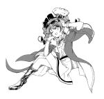  1girl ;) bow bracelet drill_hair earrings eyewear_on_head folding_fan full_body greyscale hand_fan hat hat_bow high_collar hisona_(suaritesumi) holding holding_fan jewelry monochrome necklace one_eye_closed open_mouth ribbon ring round_eyewear smile solo sunglasses top_hat touhou twin_drills yorigami_jo&#039;on 