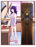  &gt;_&lt; 1girl apron bangs black_hair braid braided_ponytail chili_pepper chinese_commentary cloud cooking_pot cutting_board da_shi_tou_xian_sheng genshin_impact highres indoors long_hair looking_at_viewer purple_hair raiden_shogun shirt shorts sink skirt sky slime_(genshin_impact) slippers spy_x_family stab stele stone_pillar the_catch_(genshin_impact) window 