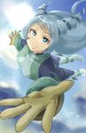  1girl absurdres blue_bodysuit blue_eyes blue_hair bodysuit boku_no_hero_academia closed_mouth cloud day drill_hair energy fengling_(furin-jp) flying gloves green_bodysuit hadou_nejire highres long_hair looking_at_viewer multicolored_bodysuit multicolored_clothes outdoors outstretched_arm skin_tight smile solo sun superhero twin_drills very_long_hair yellow_gloves 