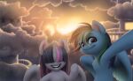  2015 blonde_hair blue_body blue_ears blue_fur blue_hair blue_wings cloud cloudscape detailed_background digital_media_(artwork) duo equid equine feathered_wings feathers female feral friendship_is_magic front_view fur green_hair hair hair_over_eyes hasbro hi_res hooves horn horse looking_at_viewer mammal multicolored_hair my_little_pony open_mouth orange_hair outstretched_arm pegasus pink_hair pony purple_body purple_ears purple_eyes purple_hair purple_horn purple_skin purple_wings rainbow_dash_(mlp) rainbow_hair raised_hoof red_hair sky smile teeth twilight_sparkle_(mlp) ukulilia winged_unicorn wings 
