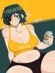  1girl beer_can belly black_hair breasts camisole can chainsaw_man cigarette cleavage collarbone eyepatch fang highres himeno_(chainsaw_man) holding holding_can large_breasts looking_at_viewer nezulet short_hair smoke smoking solo two-tone_background yellow_camisole 