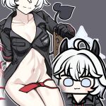  1boy 1girl :3 arona&#039;s_sensei_doodle_(blue_archive) black_background black_gloves blue_archive blue_eyes blush bottomless breasts chibi cleavage erika_(blue_archive) gloves horns jazz_jack lowres navel sensei_(blue_archive) short_hair simple_background tail white_hair 