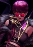  1girl absurdres bare_shoulders black_skirt claws covered_navel demon_girl evelynn_(league_of_legends) eyewear_hang eyewear_removed fur_trim glasses highres ikuman jewelry k/da_(league_of_legends) k/da_evelynn league_of_legends lipstick long_hair looking_at_viewer makeup necklace parted_lips pendant purple_hair skirt slit_pupils solo turtleneck yellow_eyes 