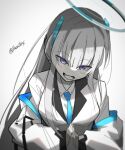  1girl blue_archive blue_necktie gibum3001 greyscale halo highres jacket mechanical_ears monochrome necktie noa_(blue_archive) purple_eyes shirt simple_background white_background white_hair white_jacket white_shirt 