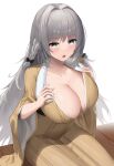  1girl absurdres alternate_costume azur_lane braid breasts cleavage from_above fur_trim green_eyes grey_hair highres large_breasts long_hair long_sleeves rk_(cc15915r) simple_background sitting solo vittorio_veneto_(azur_lane) white_background wide_sleeves 
