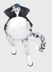  anthro belly big_belly black_clothing black_jacket black_markings black_topwear bottomless clothed clothing eyes_closed felid front_view full-length_portrait grey_body hand_behind_head hi_res huge_belly jacket male mammal markings mouth_closed portrait red_nose roobin signature simple_background solo tail tail_markings topwear whiskers white_background white_body 
