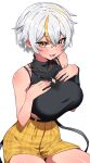  1girl :d bangs bare_arms bare_shoulders black_shirt blonde_hair blush breasts brown_eyes commentary_request covered_collarbone crop_top grey_hair hair_between_eyes hands_on_own_chest hands_up highres korean_commentary large_breasts looking_at_viewer luvdia midriff multicolored_hair park_dona pixie_cut plaid plaid_shirt shirt short_hair short_shorts shorts simple_background sleeveless sleeveless_shirt smile solo streaked_hair tosyeo very_short_hair virtual_youtuber white_background yellow_shorts 