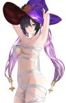  1girl absurdres areola_slip armpits arms_up bandages bangs black_hair breasts cowboy_shot genshin_impact green_eyes hat highres large_breasts long_hair looking_at_viewer mona_(genshin_impact) multicolored_hair naked_bandage navel ponytail_holder purple_hair purple_headwear sidelocks simple_background solo stomach swept_bangs thighs two-tone_hair very_long_hair white_background witch_hat yami_(rear4742) 