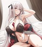 1girl arm_up armpits babydoll bare_arms bare_shoulders between_breasts black_choker box breasts cameltoe choker cleavage covered_nipples front-tie_top gift gift_box girls&#039;_frontline grey_babydoll grey_panties hair_ribbon hand_in_own_hair highres jacket kar98k_(girls&#039;_frontline) keenh large_breasts long_hair looking_at_viewer navel object_on_breast off_shoulder panties pink_eyes red_jacket ribbon solo spaghetti_strap stomach string_panties thighs underwear very_long_hair white_hair 