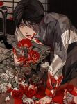  1boy arm_support bishounen black_hair black_pants blood blood_on_clothes blood_on_face blood_on_ground blood_on_hands brown_eyes closed_mouth collared_shirt crying crying_with_eyes_open death dress_shirt flower hair_between_eyes highres holding holding_flower indoors kagoya1219 kneeling knife leaning_forward long_sleeves looking_at_viewer male_focus murder original pants parted_hair red_flower red_rose rose rug sanpaku shirt signature solo_focus tears white_flower white_rose white_shirt 