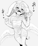  1boy absurdres androgynous angel_wings bandaged_arm bandaged_leg bandages blush doro9363 elona fangs feathered_wings halloween halloween_costume hat highres jester_cap kumiromi_of_harvest looking_at_viewer medium_hair monochrome mummy_costume naked_bandage navel open_mouth otoko_no_ko skin_fangs wings 