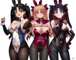  3girls animal_ears bangs bare_shoulders black_bow black_gloves black_hair black_leotard black_pantyhose blonde_hair blue_bow blush bow breasts cleavage collarbone corset covered_navel detached_collar detached_sleeves earrings elbow_gloves ereshkigal_(fate) fake_animal_ears fate/grand_order fate_(series) fingerless_gloves gloves gold_trim grey_eyes hair_bow hair_ribbon highleg highleg_leotard highres hoop_earrings ishtar_(fate) jewelry kurozawa_yui legs_together leotard long_hair looking_at_viewer medium_breasts multicolored_hair multiple_girls nail_polish nontraditional_playboy_bunny open_mouth pantyhose parted_bangs playboy_bunny rabbit_ears red_eyes red_hair ribbon signature space_ishtar_(fate) strapless strapless_leotard thighband_pantyhose twintails two-tone_hair two_side_up wrist_cuffs 