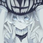  1girl abyssal_ship blue_eyes close_up colored_skin double_v glowing glowing_eyes hair_between_eyes hat headgear highres kantai_collection looking_at_viewer lsnsn smile solo teeth tentacles v white_skin wo-class_aircraft_carrier 