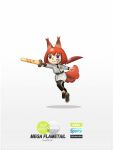  1girl animal_ears arknights black_footwear brown_eyes character_name crossover flametail_(arknights) gradient_background grey_jacket highres holding holding_sword holding_weapon jacket long_hair mii_(nintendo) nintendo nintendo_switch_sports norizc pants pinus_sylvestris_logo ponytail red_hair red_tail shoes simple_background smile sneakers solo squirrel_ears sticker_on_face sword track_pants weapon white_background 