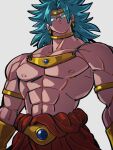  1boy abs blue_eyes blue_hair broly_(dragon_ball_z) choker diadem dragon_ball dragon_ball_super dragon_ball_z earrings grey_background jewelry kemachiku looking_at_viewer male_focus muscular muscular_male nipples short_hair simple_background solo super_saiyan super_saiyan_blue yellow_choker 