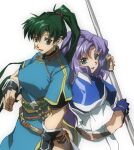  2girls armor bangs blue_eyes breasts circlet dress earrings fingerless_gloves fire_emblem fire_emblem:_the_blazing_blade florina_(fire_emblem) gloves green_eyes green_hair high_ponytail highres holding holding_polearm holding_weapon jewelry large_breasts long_hair looking_at_viewer lyn_(fire_emblem) multiple_girls open_mouth pegasus_knight_uniform_(fire_emblem) polearm ponytail purple_hair sheath sheathed shino_(2919) simple_background smile sword very_long_hair weapon white_background 