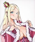  aged_up alternate_breast_size beatrice_(re:zero) blonde_hair blue_eyes breasts cleavage come_hither commission crow26 crown dress highres large_breasts licking_lips long_hair looking_at_viewer mini_crown re:zero_kara_hajimeru_isekai_seikatsu red_dress sidelocks symbol-shaped_pupils teasing tongue tongue_out undressing 
