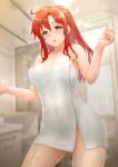  1girl :o absurdres bangs bathroom blurry blurry_background blush breasts cleavage commentary_request green_eyes hair_between_eyes hands_up highres long_hair medium_breasts naked_towel open_mouth original ponytail red_hair sasagawa_(haikaiki) solo standing towel wet white_towel 