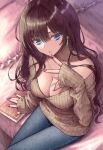  1girl :o absurdres ahoge aramachi bare_shoulders blue_eyes book breasts brown_hair brown_sweater cleavage collarbone crossed_legs denim fingernails highres ichinose_shiki idolmaster idolmaster_cinderella_girls jeans large_breasts long_hair looking_at_viewer nail_polish off-shoulder_sweater off_shoulder on_bed pants pillow ribbed_sweater sitting solo sweater very_long_hair wavy_hair 