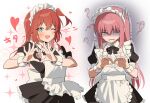  2girls apron bangs black_bow black_bowtie blue_eyes blush bocchi_the_rock! bow bowtie cube_hair_ornament frilled_apron frills gotou_hitori green_eyes hair_between_eyes hair_ornament heart heart_hands kita_ikuyo long_hair maid maid_apron maid_headdress multiple_girls namgic one_eye_closed one_side_up pink_hair puffy_short_sleeves puffy_sleeves red_hair short_sleeves waist_apron white_apron wrist_cuffs 