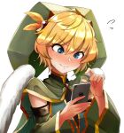  1boy androgynous angel_wings blonde_hair blue_eyes blush cellphone detached_sleeves doro9363 elona feathered_wings green_headwear green_sleeves hat highres holding holding_phone jester_cap kumiromi_of_harvest looking_at_phone medium_hair otoko_no_ko phone smartphone white_wings wings 