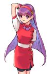  1girl arm_behind_head asamiya_athena bamboobamboo68 bangs breasts dress earrings gloves hair_ornament hairband jewelry long_hair looking_at_viewer medium_breasts pantyhose puffy_sleeves purple_eyes purple_hair red_dress red_hairband smile solo star_(symbol) star_hair_ornament the_king_of_fighters white_background 