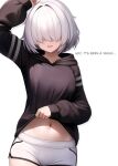  1girl arc_9_(mikoscrub) arm_up black_hoodie clothes_lift english_text hair_over_eyes highres hood hood_down hoodie hoodie_lift lifted_by_self long_sleeves mikoscrub navel open_mouth original short_hair shorts simple_background smile solo white_background white_hair white_shorts 