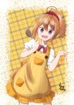  1girl absurdres ahoge apron bow bowtie checkered_background frilled_apron frills gotou_toushirou_(tenka_hyakken) hair_ornament hair_scrunchie hairclip high_ponytail highres holding holding_spoon hys_akn open_mouth orange_apron orange_hair purple_eyes red_bow red_bowtie scrunchie shirt short_sleeves smile spoon tenka_hyakken white_shirt wooden_spoon 