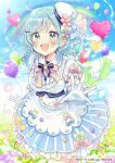  1girl :d balloon bang_dream! beret blue_hair blue_skirt blue_sky bow braid breasts cloud commentary_request day flower frilled_gloves frilled_skirt frills gloves green_bow green_eyes hair_bow hair_flower hair_ornament hairclip hat heart_balloon hikawa_hina looking_at_viewer medium_breasts official_art outdoors outstretched_arm pink_flower puffy_short_sleeves puffy_sleeves purple_bow rainbow sakura_oriko shirt short_sleeves skirt sky smile solo star_(symbol) star_hair_ornament striped striped_skirt tilted_headwear twin_braids vertical-striped_skirt vertical_stripes white_gloves white_headwear white_shirt 
