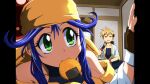  1boy 1girl bare_shoulders black_gloves blue_hair brown_gloves eating eyelashes fingerless_gloves food_in_mouth gloves green_eyes lime_(saber_j) long_hair mamiya_myanmar mamiya_otaru mouth_hold pov_doorway saber_marionette_j solo_focus yellow_headwear 