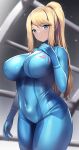  1girl bangs blonde_hair blue_bodysuit blue_eyes bodysuit breasts cleavage closed_mouth covered_navel cowboy_shot large_breasts long_hair metroid nagase_haruhito ponytail samus_aran skin_tight solo zero_suit 