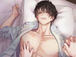  1boy 1girl bed_sheet blush brown_hair dress_shirt female_pov grabbing hetero highres holding_hands implied_sex lying male_focus on_back on_bed open_clothes open_shirt original parted_lips pectorals pillow pillow_grab pov shirt solo_focus takahama_keishi upper_body 