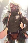  abs anthro birry41 boxers_(clothing) brown_body brown_fur canid canine canis chaps clothed clothing coat domestic_dog facial_scar fur hi_res hoodie lifewonders male mammal muscular_arms navel nipples open_clothing open_coat open_topwear pecs pupils red_pupils scar solo tadatomo tokyo_afterschool_summoners topwear underwear 