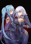  2girls artist_name ass bangs beta_(kage_no_jitsuryokusha_ni_naritakute!) black_bodysuit black_gloves blue_capelet blue_eyes blue_hair bodysuit braid breast_contest breast_press breasts cape capelet cleavage closed_mouth commentary_request elf epsilon_(kage_no_jitsuryokusha_ni_naritakute!) eye_contact gloves hair_between_eyes highres kage_no_jitsuryokusha_ni_naritakute! large_breasts long_hair long_sleeves looking_at_another mibry_(phrysm) multiple_girls pointy_ears purple_cape purple_eyes short_hair sidelocks sweatdrop symmetrical_docking twintails very_long_hair white_hair 