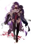  1boy 1girl absurdres bangs black_thighhighs blood blood_on_face breasts carrying cleavage clog_sandals flower genshin_impact hair_flower hair_ornament hairclip highres large_breasts long_hair looking_at_viewer princess_carry purple_eyes purple_hair raiden_shogun scaramouche_(genshin_impact) short_hair simple_background smile thighhighs walking white_background wocalei2 